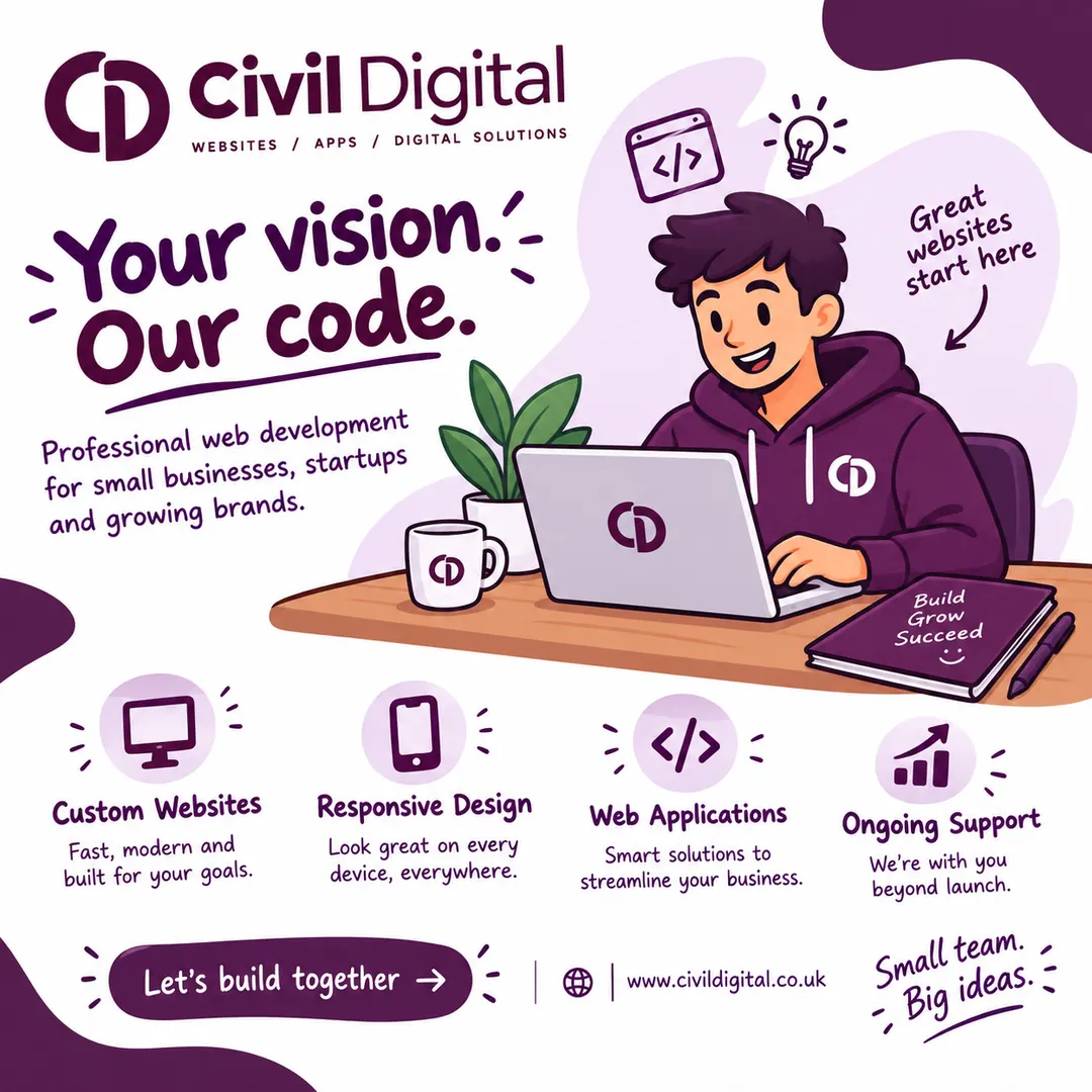 A plum and white web development advert in handwritten-style lettering, with a cartoon developer at a laptop, the headline &ldquo;Your vision. Our code.&rdquo;, four service icons and the slogan &ldquo;Small team. Big ideas.&rdquo;