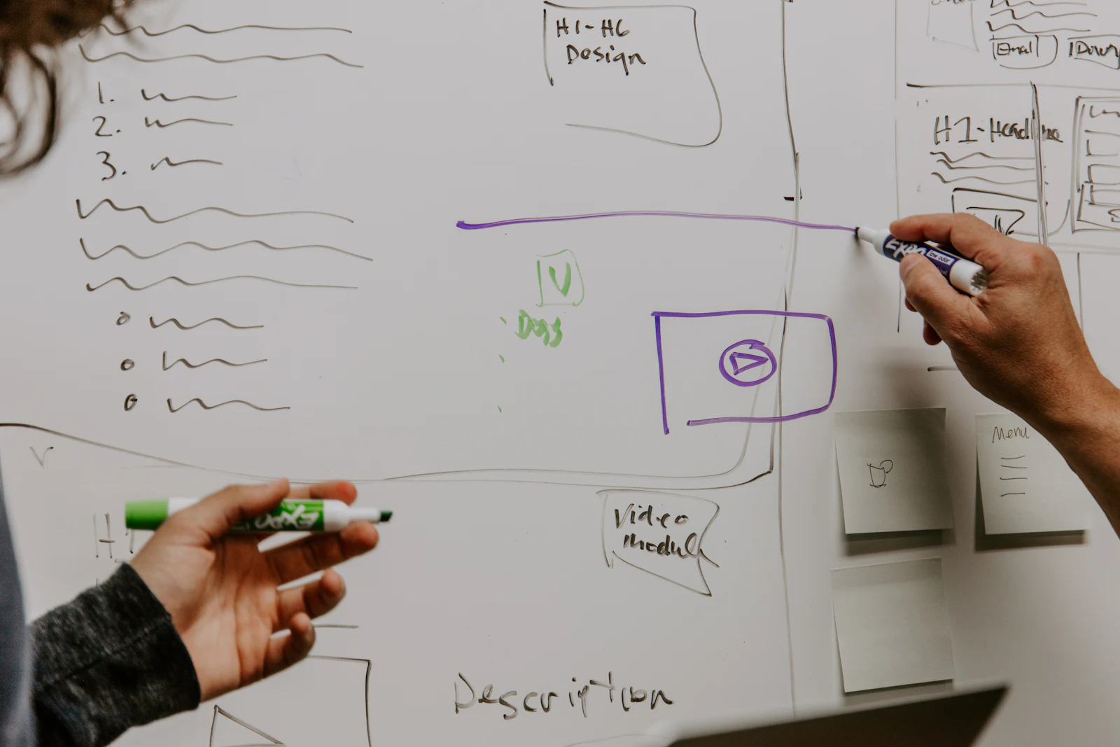 Two people standing at a whiteboard, working through a diagram together.